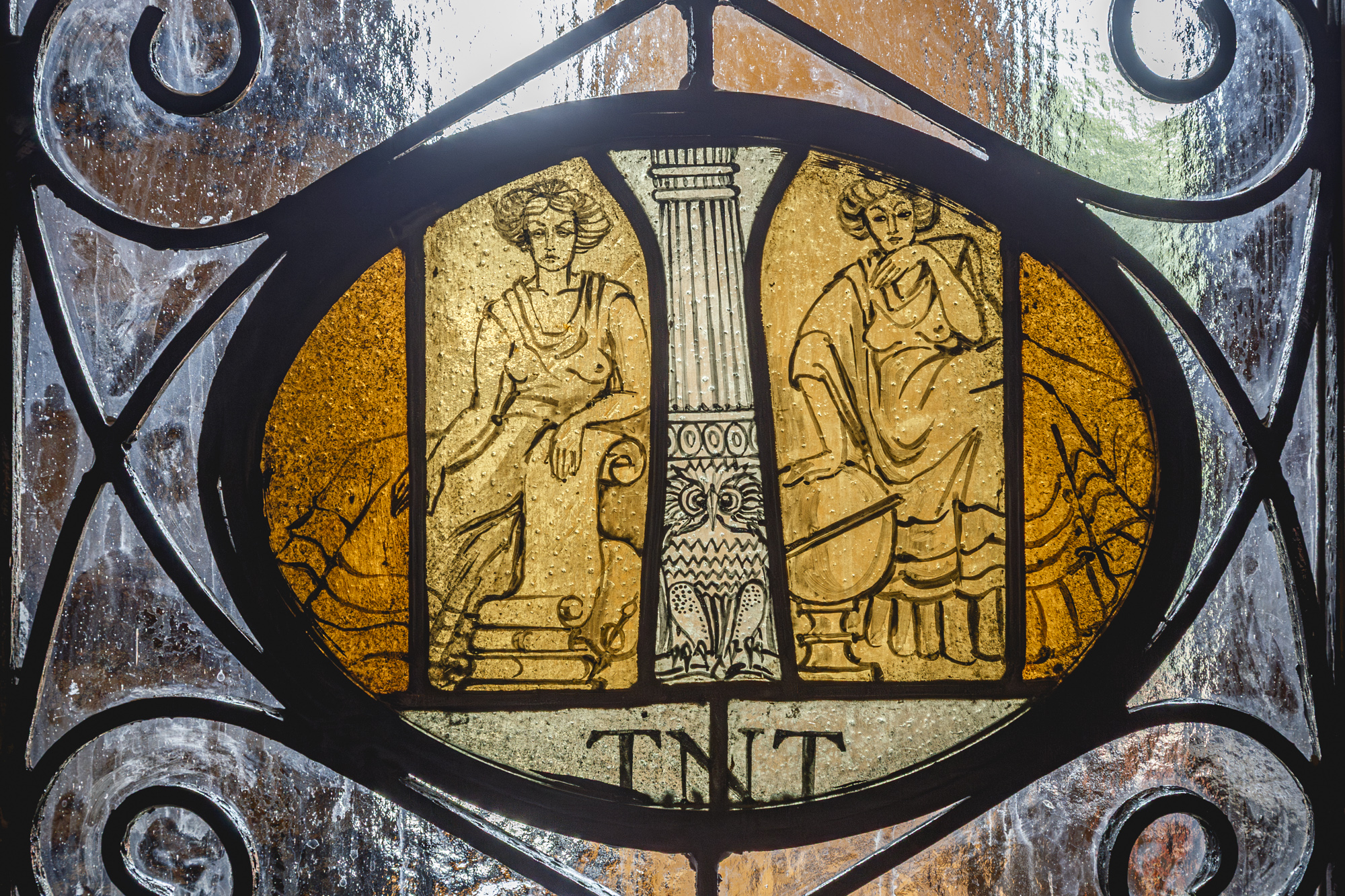Zabytkowy witraż w siedzibie Towarzystwa Naukowego w Toruniu przy ul. Wysokiej 16. Przedstawia sowę (symbol mądrości), dwie alegorie nauki oraz inicjały TNT.