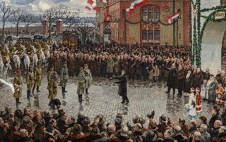 Przywitanie wojska polskiego pod dowództwem płk. Skrzyńskiego 18 stycznia 1920 r. (obraz Brunona i Feliksa Gęstwickich).