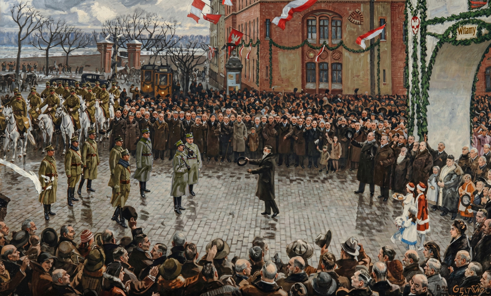 Przywitanie wojska polskiego pod dowództwem płk. Skrzyńskiego 18 stycznia 1920 r. (obraz Brunona i Feliksa Gęstwickich).